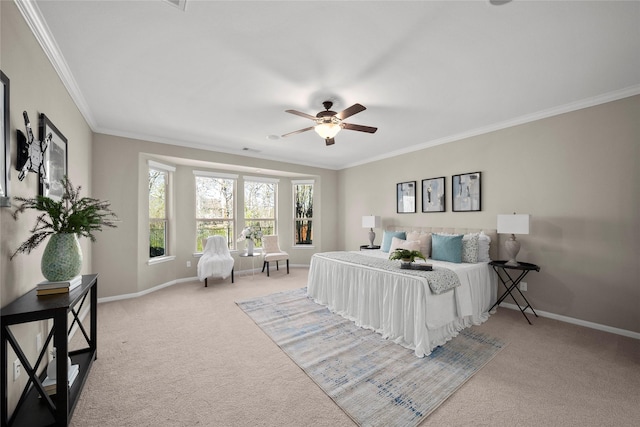 bedroom featuring crown molding, light colored carpet, baseboards, and ceiling fan