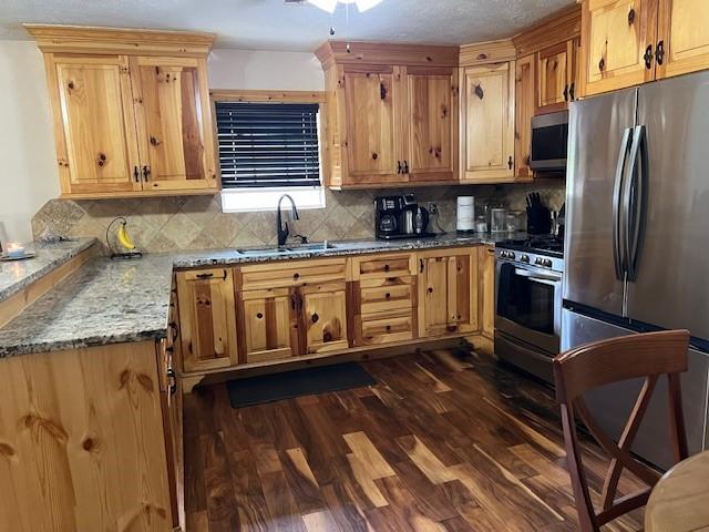kitchen with dark wood finished floors, decorative backsplash, appliances with stainless steel finishes, and a sink