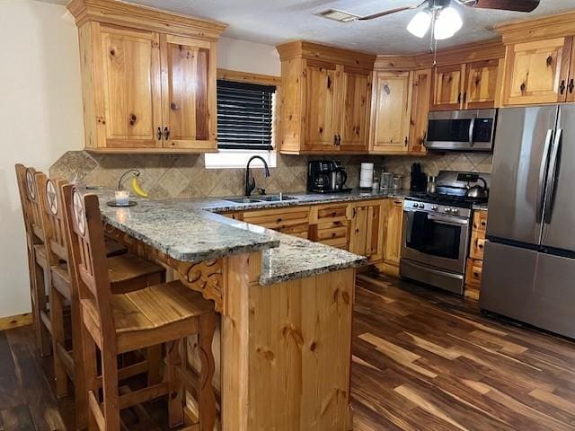 kitchen featuring a sink, stone countertops, dark wood-style floors, appliances with stainless steel finishes, and a peninsula