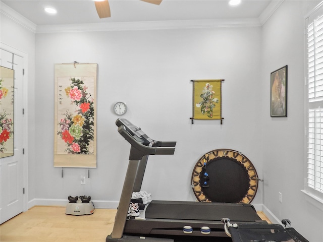 workout room featuring wood finished floors, crown molding, a ceiling fan, and baseboards