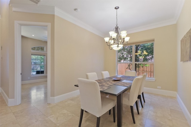 5206 Briarwick Meadow Ln, Sugar Land, TX 77479 - dining room with a chandelier, crown molding, baseboards, and light tile patterned floors