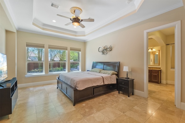 5206 Briarwick Meadow Ln, Sugar Land, TX 77479 - bedroom featuring a raised ceiling, crown molding, arched walkways, baseboards, and ceiling fan