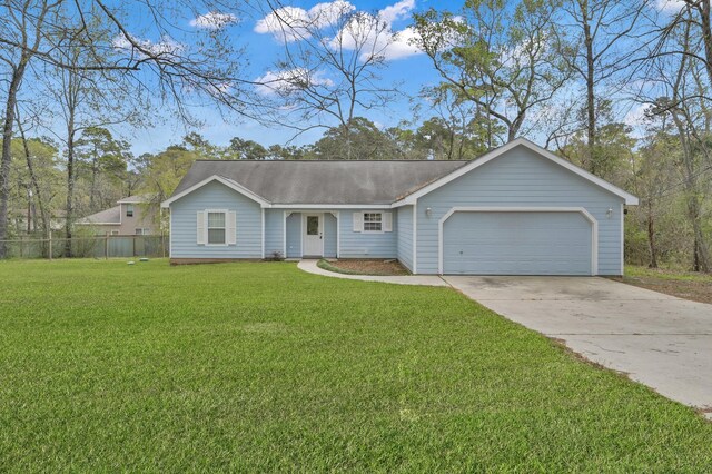 single story home with a garage, concrete driveway, a front lawn, and fence