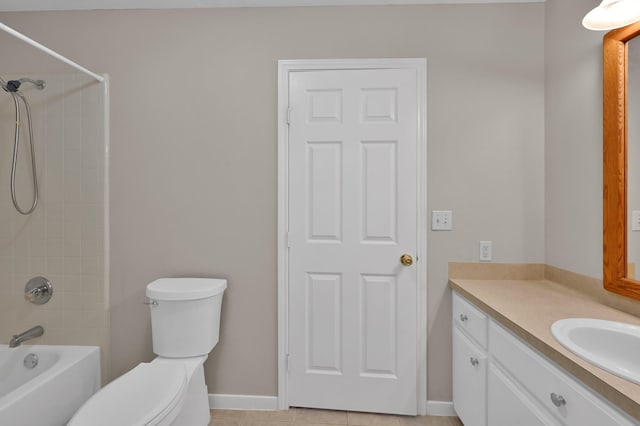 full bath with tile patterned flooring, baseboards, toilet, vanity, and  shower combination