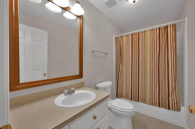full bath featuring visible vents, toilet, shower / bath combo, tile patterned floors, and vanity
