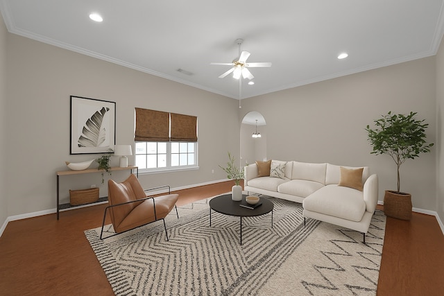 1015 Chickasaw Dr, Montgomery, TX 77316 - living room with ceiling fan, ornamental molding, and recessed lighting