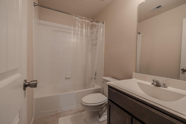 full bath featuring visible vents, toilet, shower / tub combo, tile patterned flooring, and vanity
