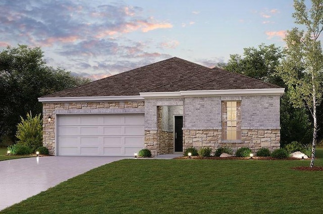 view of front of home with a yard, stone siding, concrete driveway, and an attached garage