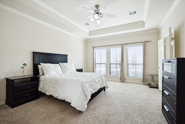 3031 Royal Oaks Grv, Houston, TX 77082 - bedroom with a tray ceiling, ornamental molding, light carpet, ceiling fan, and baseboards
