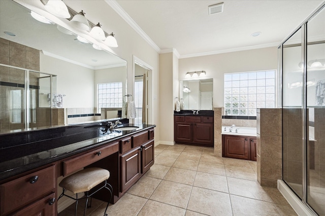 3031 Royal Oaks Grv, Houston, TX 77082 - bathroom with a shower stall, crown molding, two vanities, a bath, and tile patterned flooring