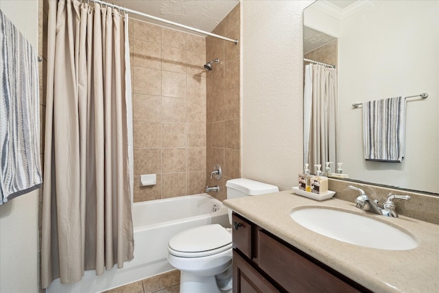 3031 Royal Oaks Grv, Houston, TX 77082 - full bathroom featuring vanity, shower / bath combination with curtain, tile patterned floors, and a textured wall