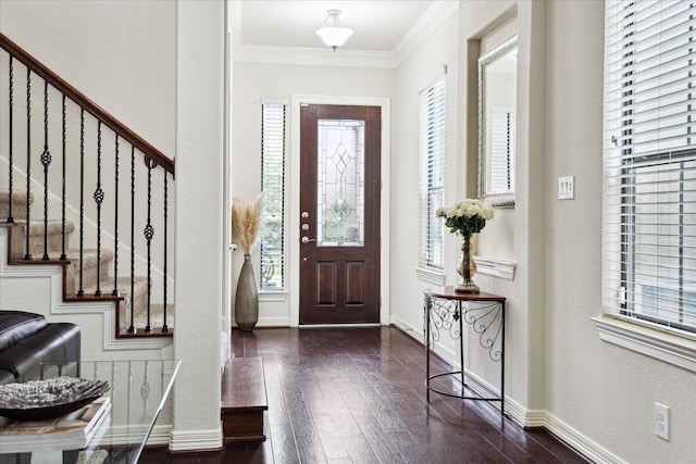 3031 Royal Oaks Grv, Houston, TX 77082 - foyer entrance featuring hardwood / wood-style floors, stairs, ornamental molding, and baseboards