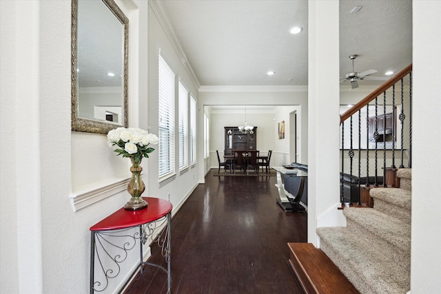 3031 Royal Oaks Grv, Houston, TX 77082 - hallway featuring ornamental molding, stairs, wood finished floors, baseboards, and recessed lighting