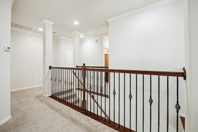 3031 Royal Oaks Grv, Houston, TX 77082 - hallway featuring attic access, recessed lighting, carpet, an upstairs landing, and crown molding