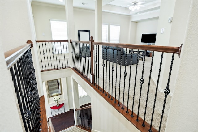 3031 Royal Oaks Grv, Houston, TX 77082 - staircase with crown molding and a ceiling fan