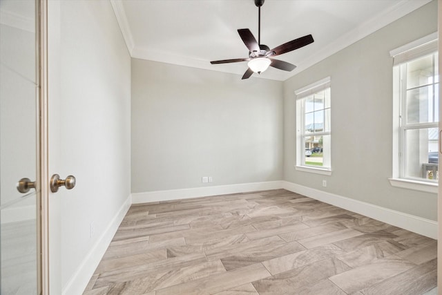spare room featuring ceiling fan, baseboards, light wood-style floors, and ornamental molding