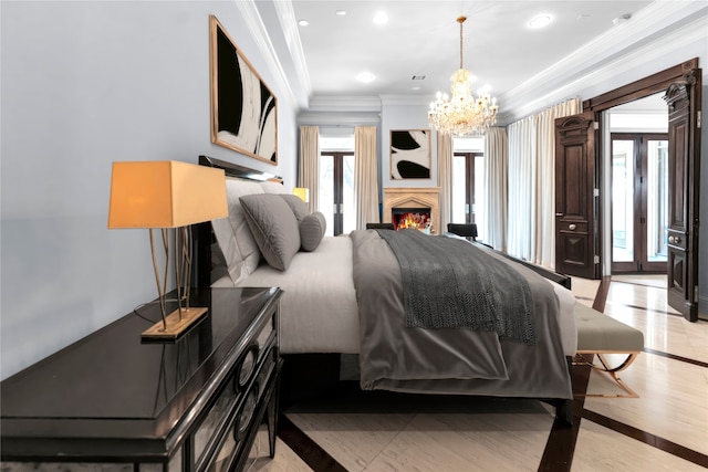 2247 Bartlett St, Houston, TX 77098 - bedroom with crown molding, a chandelier, and recessed lighting