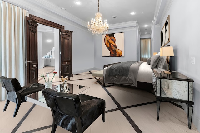 2247 Bartlett St, Houston, TX 77098 - bedroom featuring a chandelier, crown molding, baseboards, recessed lighting, and ensuite bathroom