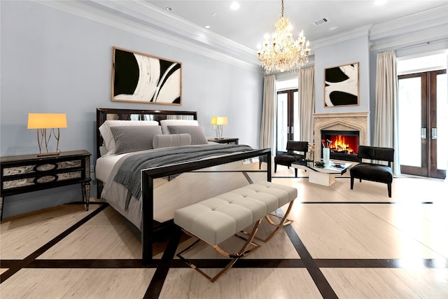 2247 Bartlett St, Houston, TX 77098 - bedroom featuring a chandelier, a premium fireplace, multiple windows, crown molding, and recessed lighting
