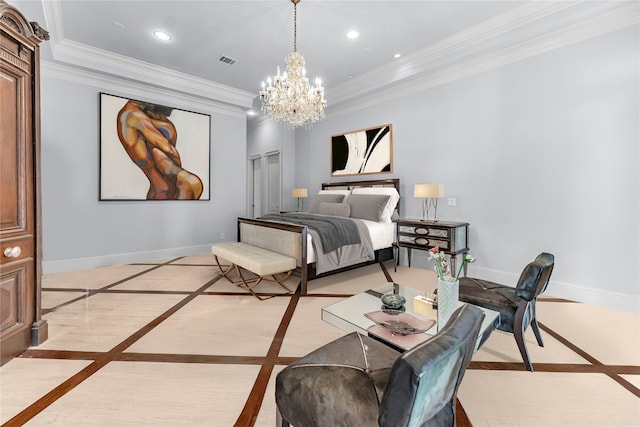 2247 Bartlett St, Houston, TX 77098 - bedroom with inlaid floor details, crown molding, a chandelier, baseboards, and recessed lighting