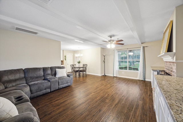 101 Royal Ct, Friendswood, TX 77546 - living room featuring dark wood finished floors, a ceiling fan, a brick fireplace, baseboards, and beam ceiling