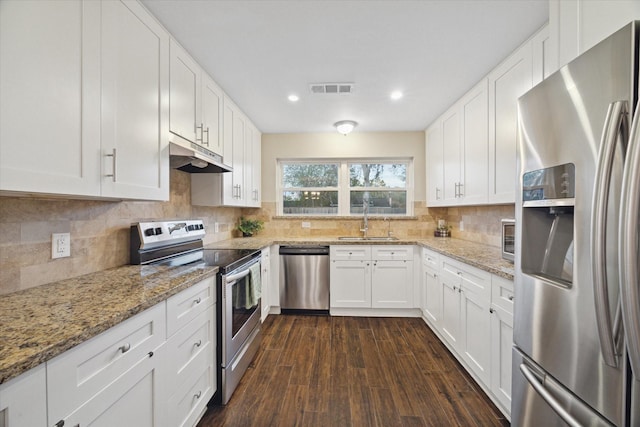 101 Royal Ct, Friendswood, TX 77546 - kitchen with appliances with stainless steel finishes, under cabinet range hood, a sink, white cabinets, and recessed lighting