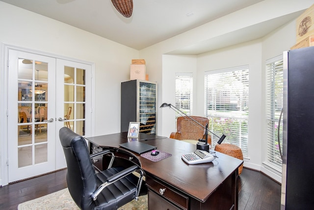 office area featuring french doors and dark wood-style floors