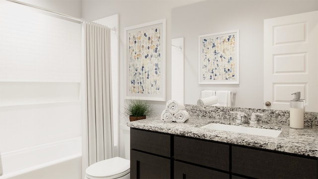 full bath with vanity, toilet, and shower / tub combo with curtain