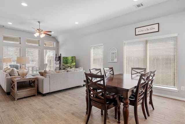 156 Buckeye Dr, Montgomery, TX 77316 - dining area with ceiling fan, visible vents, baseboards, light wood-style floors, and recessed lighting