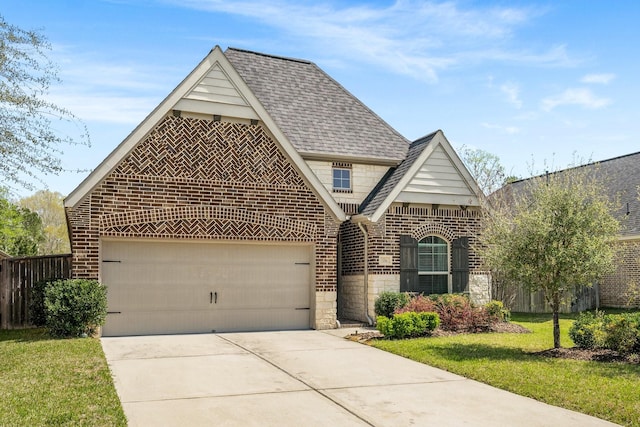 156 Buckeye Dr, Montgomery, TX 77316 - view of front of house with brick siding, fence, concrete driveway, an attached garage, and a shingled roof