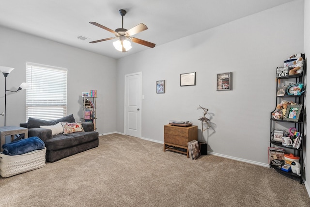 156 Buckeye Dr, Montgomery, TX 77316 - sitting room featuring carpet flooring, ceiling fan, visible vents, and baseboards