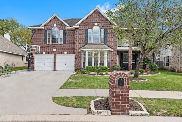 20810 Divellec Ln, Spring, TX 77388 - traditional-style home with brick siding, a front yard, concrete driveway, and an attached garage