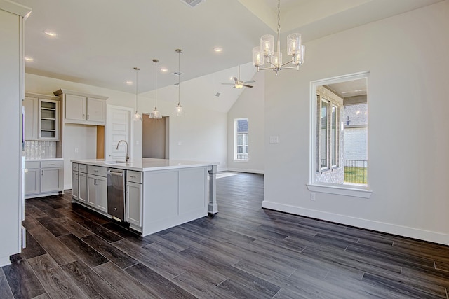 197 Peninsula Point Dr, Montgomery, TX 77356 - kitchen with dishwasher, open floor plan, a ceiling fan, dark wood finished floors, and light countertops