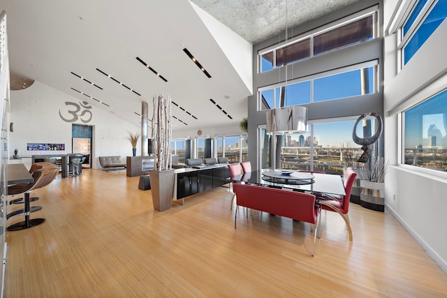 102 Quitman St Unit 405, Houston, TX 77009 - dining room with baseboards, wood finished floors, and a towering ceiling