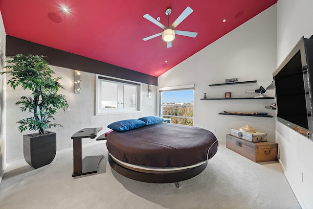 102 Quitman St Unit 405, Houston, TX 77009 - bedroom featuring a ceiling fan, carpet floors, and high vaulted ceiling