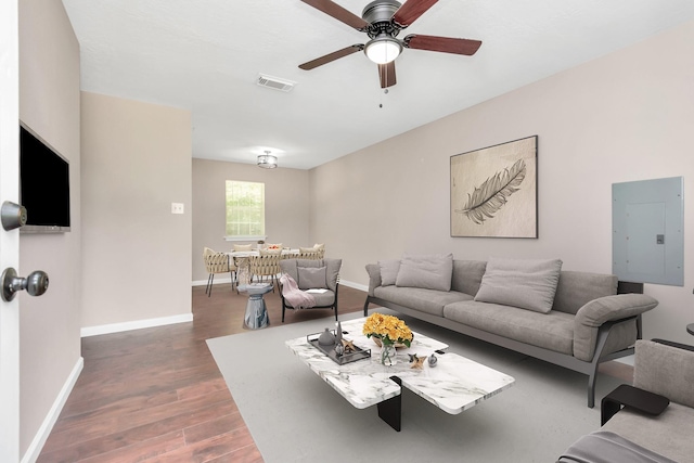 living room featuring visible vents, wood finished floors, baseboards, electric panel, and a ceiling fan