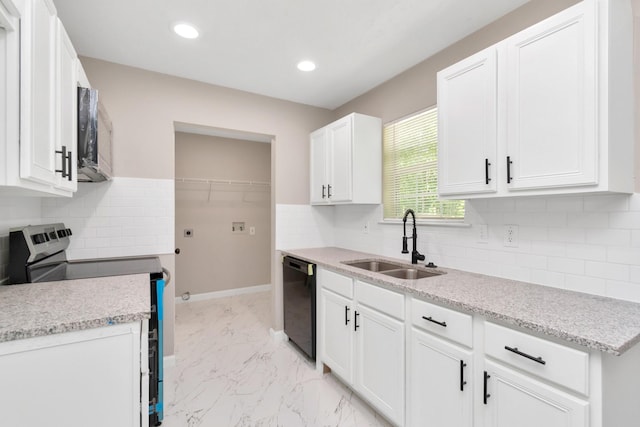 kitchen with a sink, dishwasher, stainless steel range with electric stovetop, white cabinetry, and decorative backsplash