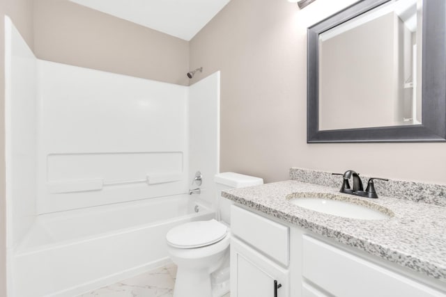 bathroom featuring shower / bathtub combination, toilet, marble finish floor, and vanity