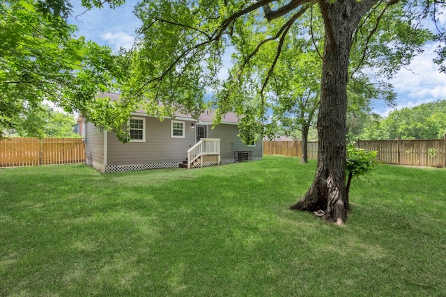 exterior space with a fenced backyard and central AC unit
