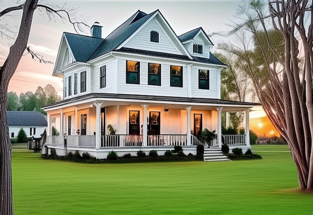 406 7th St, Sealy, TX 77474 - back of house at dusk featuring covered porch, a lawn, and a shingled roof