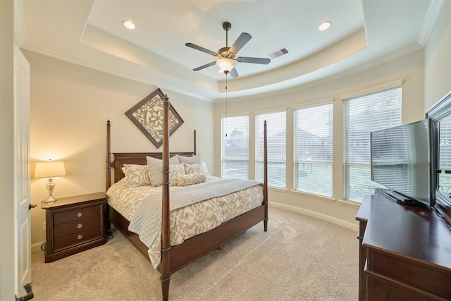 120 Shane St, Montgomery, TX 77316 - bedroom with a tray ceiling, light colored carpet, crown molding, baseboards, and recessed lighting
