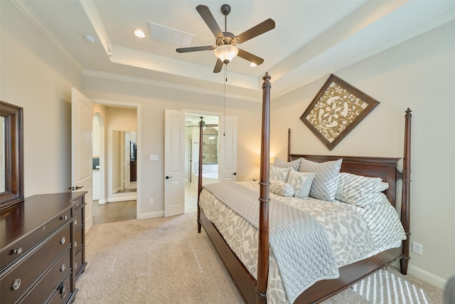 120 Shane St, Montgomery, TX 77316 - bedroom featuring light carpet, a raised ceiling, ornamental molding, ceiling fan, and baseboards