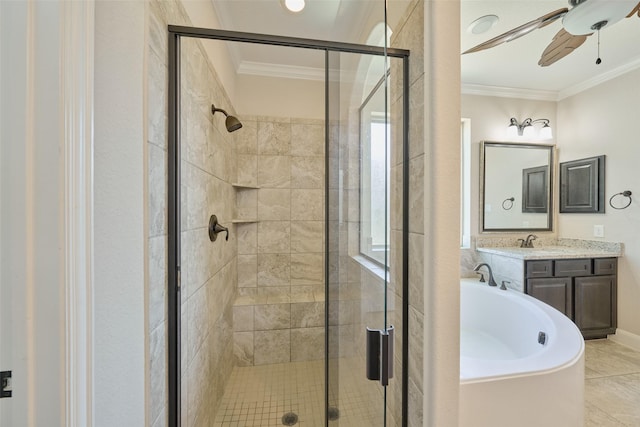 120 Shane St, Montgomery, TX 77316 - bathroom featuring a shower stall, crown molding, a tub to relax in, vanity, and a ceiling fan