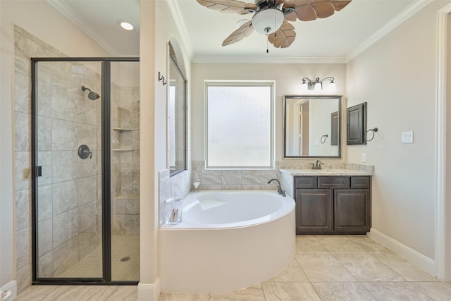 120 Shane St, Montgomery, TX 77316 - bathroom with a stall shower, ornamental molding, a ceiling fan, a garden tub, and vanity