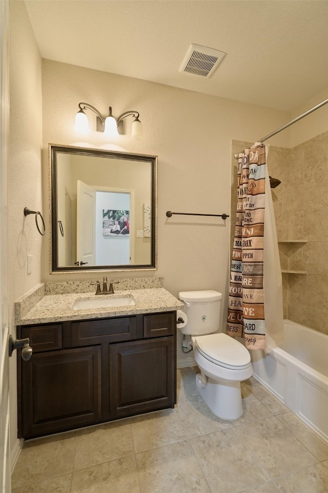 120 Shane St, Montgomery, TX 77316 - bathroom with toilet, vanity, shower / bathtub combination with curtain, and tile patterned flooring