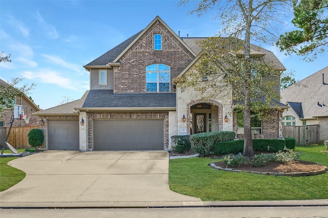 120 Shane St, Montgomery, TX 77316 - french country style house with concrete driveway, brick siding, an attached garage, and a shingled roof
