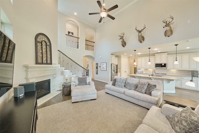 120 Shane St, Montgomery, TX 77316 - living area with ceiling fan, a glass covered fireplace, light wood-style flooring, arched walkways, and ornamental molding
