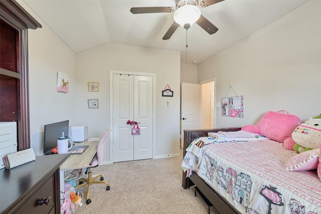 120 Shane St, Montgomery, TX 77316 - bedroom featuring vaulted ceiling, carpet flooring, a closet, a desk, and a ceiling fan