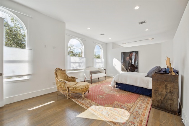 bedroom featuring visible vents, multiple windows, and wood finished floors