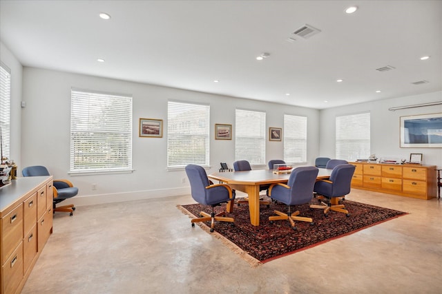 dining space with concrete flooring, visible vents, baseboards, and recessed lighting